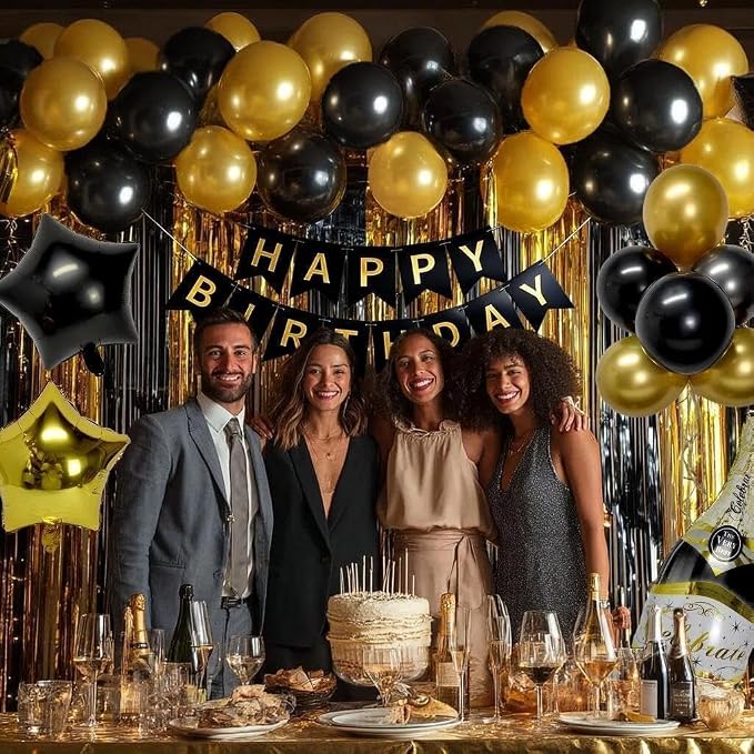 Black Gold Birthday Party Balloon Kit,Happy Birthday Banner Fringe Curtains Gold Black Star Wine Bottle Foil Balloon Garland for Men Women Party Decorations
