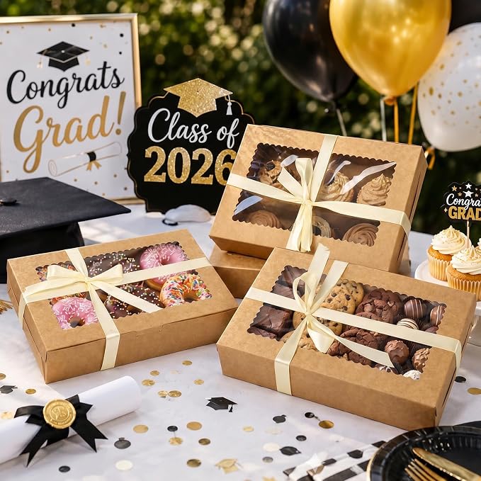 OAMCEG 48 Pack Cookie Boxes with Window, 12x8x2.5 Inch Bakery Treat Boxes for Christmas Holiday Gift Giving, Desserts, Donuts, Pastries-Brown