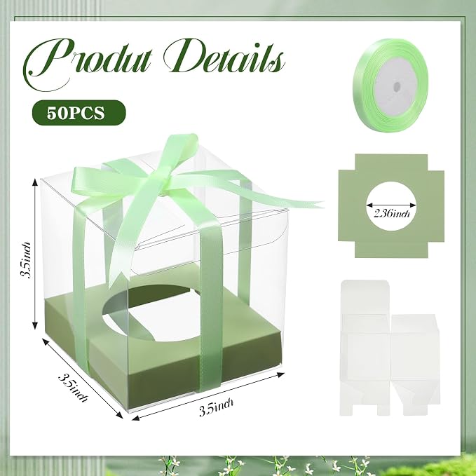 Thenshop 50 Pcs Clear Cupcake Boxes Individual 3.5 Inch Plastic Single Cupcake Containers Boxes with Inserts and Ribbon Individual Cake Storage Holders for Cake Kitchen(Light Green)