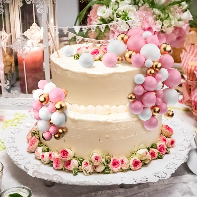 108 Pcs Balls Cake Topper DIY Cupcake Insert Foam Balloons for Cake Baking Wedding Anniversary Birthday Decoration(Pink, White, Gold,Multi Sizes)