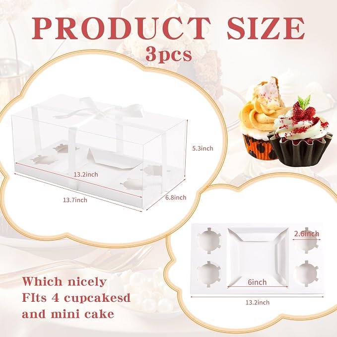 3Pcs Bento Cake Box and Cupcake 1+4 Combination Clear Window Bento Boxes, 6 Holes Bento Vake Box Suitable for 4 Regular Cupcakes and Mini Cakes