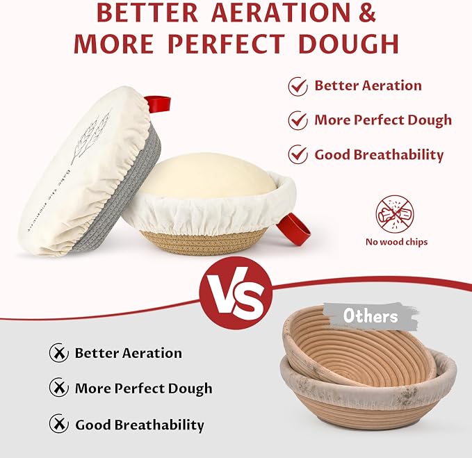 Cotton Rope Banneton Bread Proofing Basket Set, 10" Oval & 9" Round Baskets with Liners & Covers for Perfect Artisan & Sourdough Bread Baking at Home