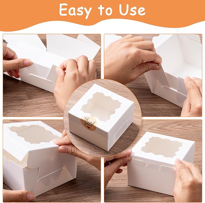 50pcs Cookie Boxes with Window, 4x4x2.5 Inches Bakery Boxes with 50pcs Stickers for Cookies, Bakery, Desserts, Candy, Chocolate Covered Strawberries, Mini Cake (White)