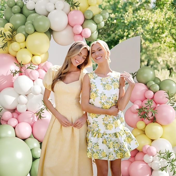 Sage Green Pink Yellow Pastel Balloon Arch Kit, 124Pc Dusty Green Macaron Blue and White Balloons for Goose Birthday Gender Decorations Baby Shower Wedding Decor