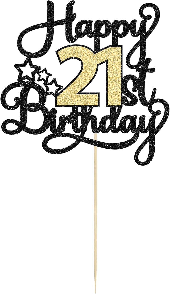 1Pc Happy 21st Birthday Cake Topper Black Gold Glitter Cheers to 21 Years Birthday Cake Pick 21st Cake Decoration for Anniversary Party Supplies