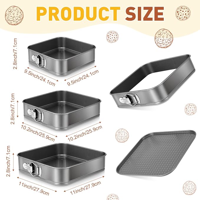 Zubebe Springform Cake Pan Square Non Stick Baking Pan 9.5, 10.2, 11 Inch, Set of 6 Leakproof Square Baking with Removable Bottom Cake Mold for Cheesecake Wedding, 3 Sizes