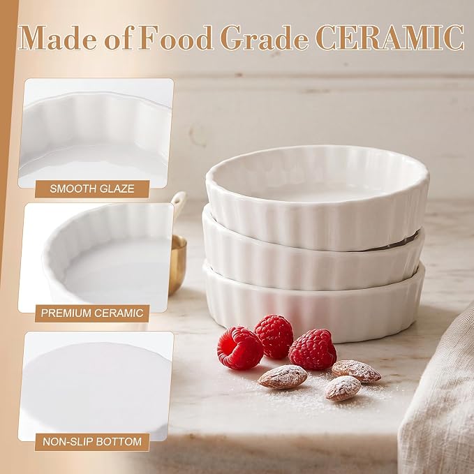 Hushee 10 Pack 5 Oz Creme Brulee Ramekins, Ceramic Brulee Souffles Dishes, Wave Round Pie Pan Mini Fluted Quiche Dishes for Dessert, Pie, Tart, Oven Microwave Dishwasher Safe, White