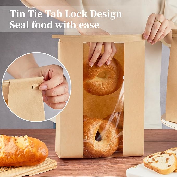 Ohuimrt Large Paper Bread Bags for Sourdough Bread, 100 PCS | 13.7 x 8.2 x 3.5 Inches,with Tin Tie Tab Lock, Bakery Bags with Window, Homemade Bread Loaf Bags