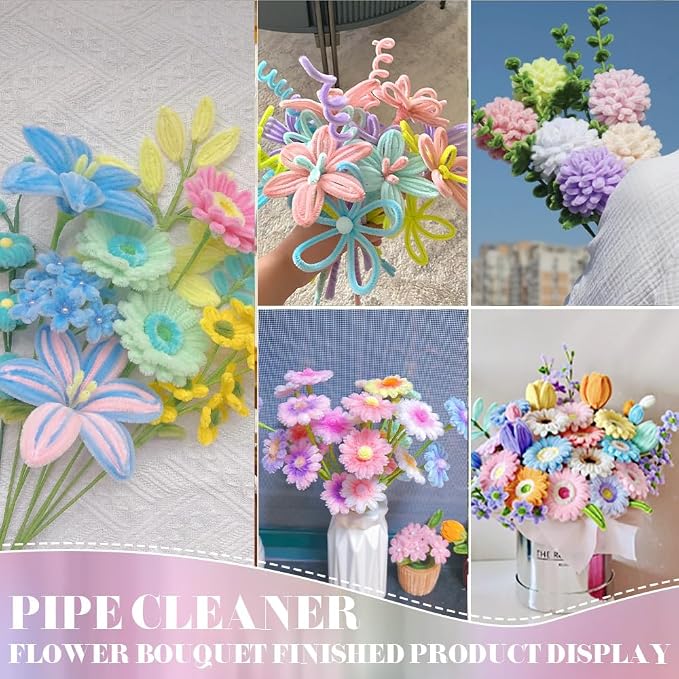 AHAMETON 720Pcs Pastel Pipe Cleaner Flower Kit, 7 Colors Bulk Pipe Cleaners Craft Supplies with Wires, Stamens, Ribbon, Tapes, Card, DIY Flower Making for Party Home Decor, Gifts School Crafts