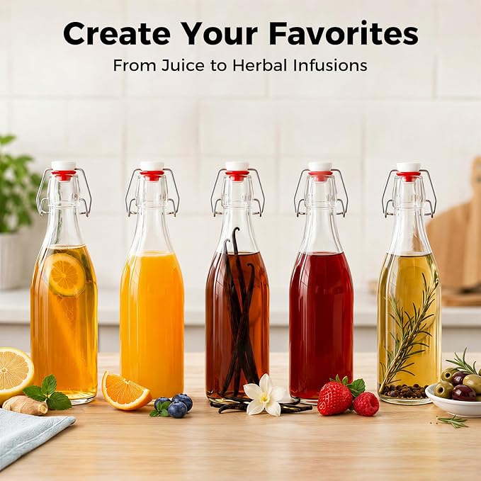 Ruckae Swing Top Glass Bottles,Flip Top Glass Bottle with Lids Sealable Kombucha Bottle for Brew Beer Syrup Vanilla Extract Air Tight Bottles for Gift (12 oz 10 pack)