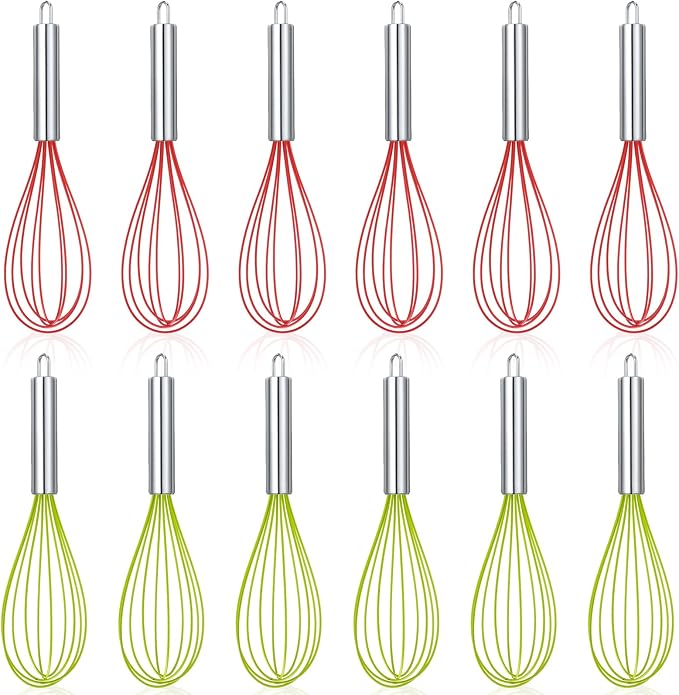FoldTier 12 Pcs Christmas Whisks Gifts Set 10 Inch Silicone Balloon Whisks with Stainless Steel Handle for Holiday Baking, Xmas Kitchen Cooking Tools, Christmas Wisks Ornaments for Party Favors