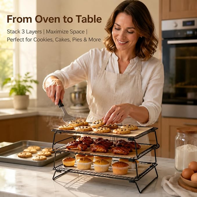 3 Pcs Stackable Cooling Racks with Collapsible Legs, Tiered Cooling Racks with 50 Sheets Baking Paper, 11.81 x 7.87 Inches, Collapsible Ventilation Holder for Cookies, Cakes, Roasting, Drying