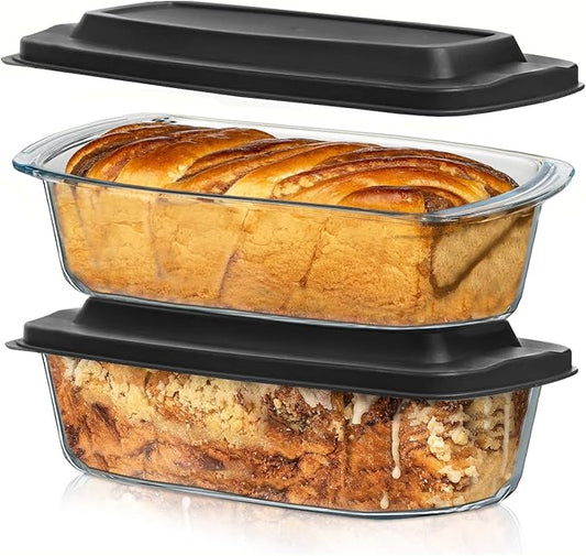 Razab LARGE 7.6 Cups/1800 ML/1.9 Qt Glass Loaf Pan with Lids (Set of 2) - Meatloaf Pan BPA free Airtight Lids Grip Handle Easy Carry, Microwave and Oven Safe - Loaf Pans For Baking Bread, Cakes