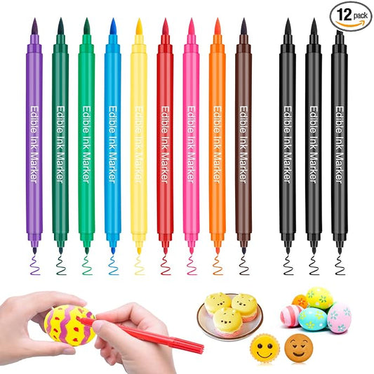Food Coloring Pens, 12Pcs Double Sided Edible Food Coloring Markers with Fine and Thick Tip, Food Grade Gourmet Writers for DIY Cake Decorating, Cookies, Frosting, Fondant, Easter Eggs
