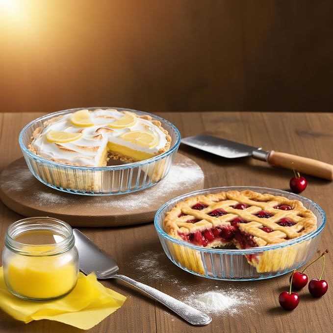 2 Pack Glass Pie Plates, 10 Inches Round Deep Baking Pie Dish, Clear Oven Safe Fluted Pie Serving Pan, Non-Stick Quiche Bakeware Set for Apple Pies, Tart, Salad, Dessert, Microwave & Oven Safe