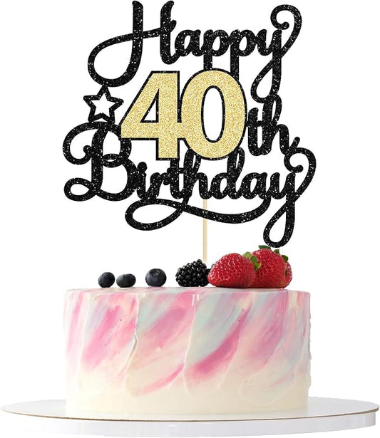 1Pc 40th Happy Birthday Cake Topper Glitter Cheers to 40 Years Birthday Cake Pick Decoration for 40th Wedding Party Decoration Supplies Black Gold
