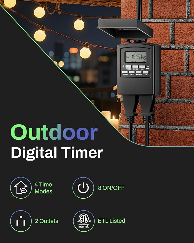 BN-LINK 7 Day Outdoor Heavy Duty Digital Programmable Timer, Outdoor Timer Outlet Waterproof, 2 Grounded Electrical Outlets for Christmas Lights, 15A 1/2HP,ETL Listed