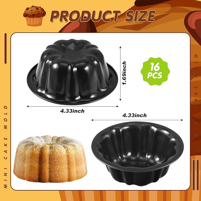 Ctosree 16 Pcs 4 Inches Fluted Mini Cake Pan Nonstick Fluted Cake Pan Carbon Steel Tube Metal Tube Oven Baking Mold with Flower Shape for Cupcake (Black)