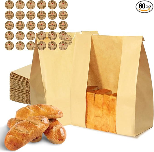 60PCS Bread Bags for Homemade Bread Paper Sourdough Bread Bags Large Bakery Bags with Window for Baked Food Packaging Storage Gift Giving Includes 60PCS Label Seal Stickers 13.7x8.3x3.5in