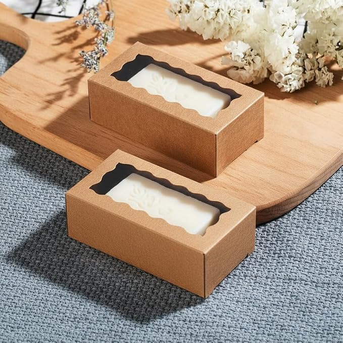 JCXGRVC 100PCS 3.5"x2.36"x1.2" Brown Soap Boxes with Window Homemade Soap Packaging, Small Gift Boxes for Bakery, Macarons, Cookies, Candies & Party Favors