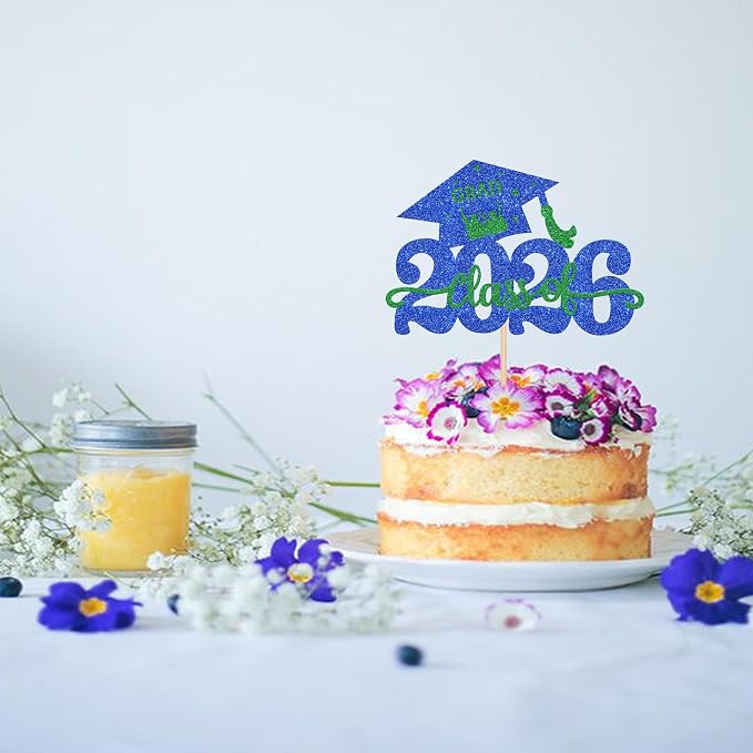 1 Pack Class of 2026 Cake Topper Glitter Congrats Grad Cap 2026 Graduation Cake Pick Decoration for 2026 Graduation Theme High School Graduate Party Cake Decorations Supplies Blue Green