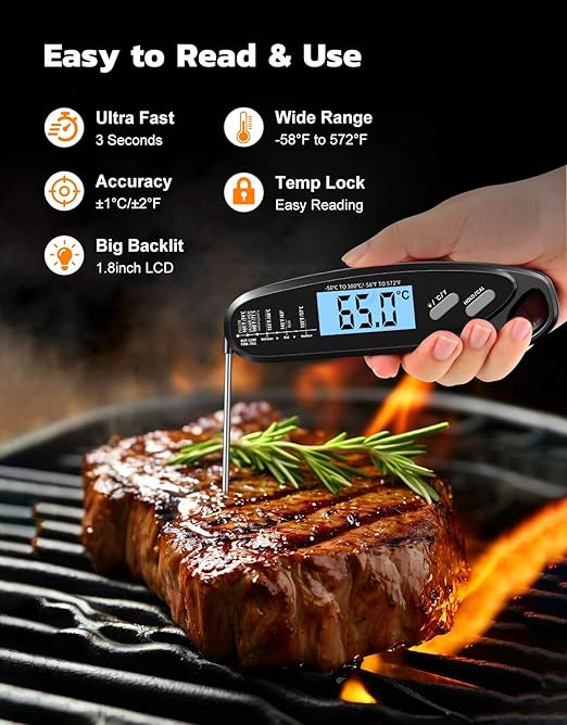 Instant Read Meat Thermometer Digital with Dual Probe, Food Thermometer for Cooking & Grilling, Large Backlit & Calibration, Grill Thermometer for Outside/Kitchen/Oven/Smoker/BBQ, Bakeware