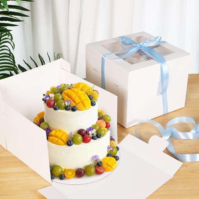 3 Pack Cake Boxes 10 Inch Tall Bakery Carrier with Boards (10x10x8 Inches) | Cost-effective cake boxes with boards which made of thick cardboard, easy to assemble and carry, suitable for birthdays