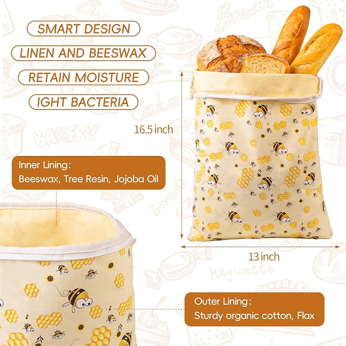 2 Pack Beeswax Bread Bags for Homemade Bread, Bees Wax Bread Bags Storage for Homemade Sourdough, XL 17'' x 13'', Zipper Closure, Freezer Safe