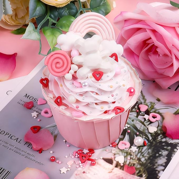 Valentines Sprinkles for Baking, Edible Pink, Red and White Heart Sprinkles with Pearl Jimmies Stars for Valentines Cake Cookies Cupcake Decorating Baking Toppings