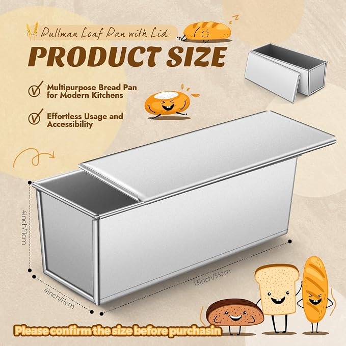 2 Pack 2 lb 13 x 4 Inch Pullman Loaf Pan with Lid Dough Capacity Bread Loaf Pan with Cover, Nonstick and Quick Release Coating for Home Bakeware Bread Toast Oven Baking(Silver)