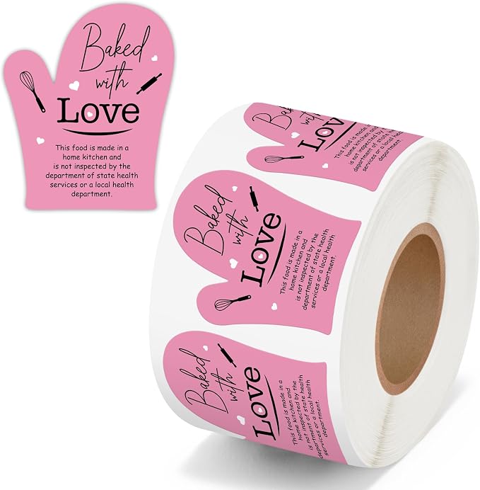 PANTIDE 500 Count Baked with Love Cottage Food Law Labels Stickers (Pink) | Adhesive Oven Mitt Shaped Decal Roll, Made in A Home Kitchen, Inspection Statement Thermal Printed, for Baked Food Packaging