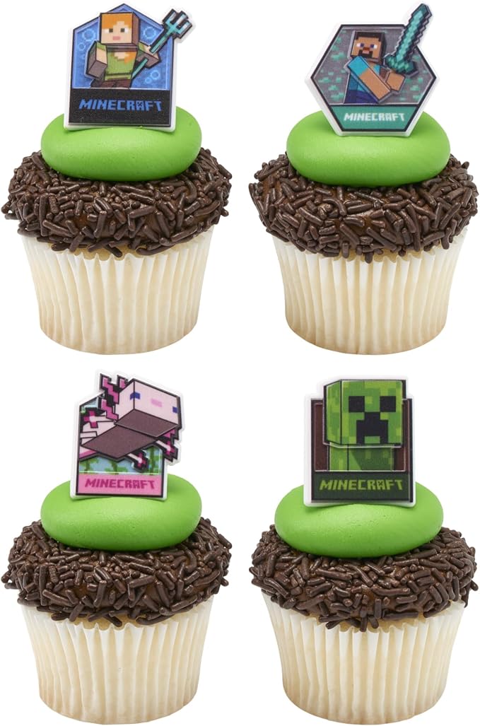 DecoPac Minecraft Lush Finds Rings, Cupcake Decorations Featuring Creeper, Alex, Steve and Axolotl! Multicolored 3D Food Safe Cake Toppers – 24 Pack