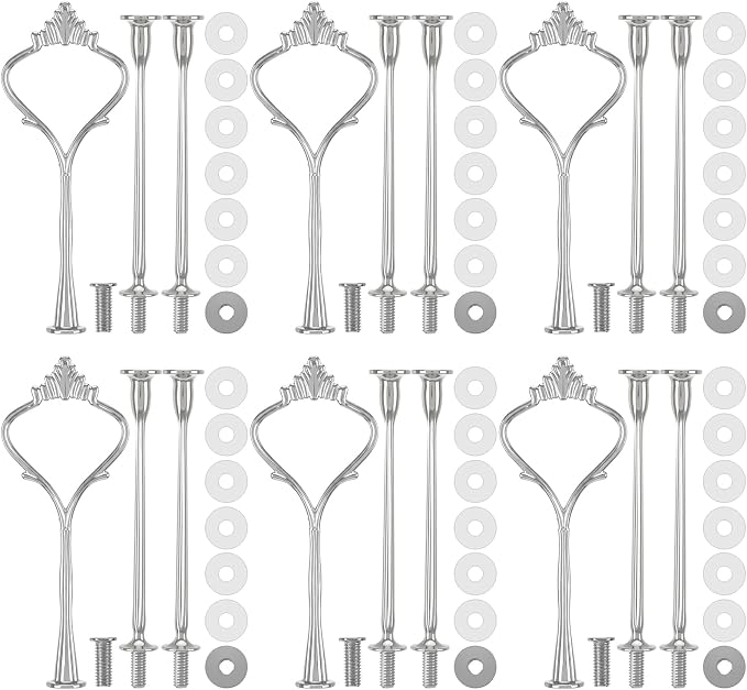 Patelai 6 Sets 3 Tier Cake Stand Hardware Tiered Tray Plate Hardware Kit Heavy Metal Cake Fruit Food Plate Stand Fitting Stacking Kit for Serving Dessert Cupcake Dish (Simple,Silver)