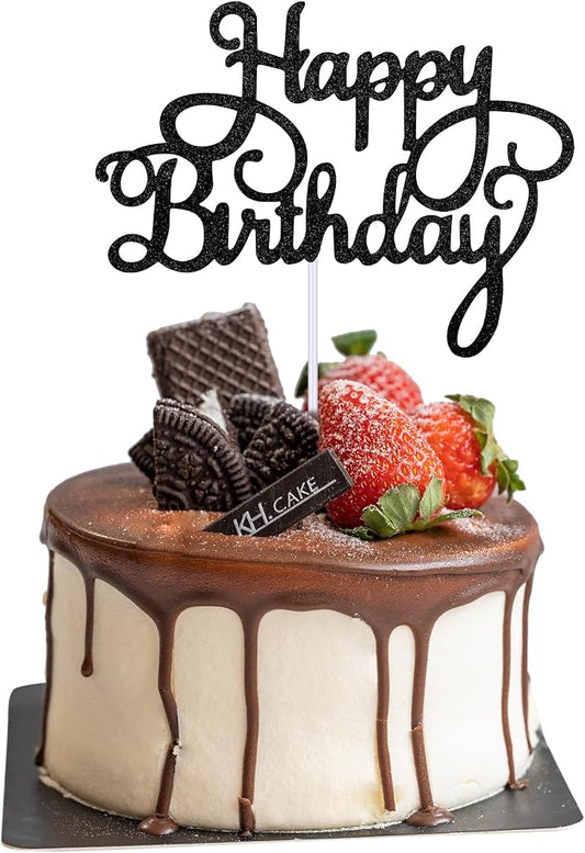 Piriuuo Happy Birthday Cake Topper Glitter 'Happy Birthday' Cake Pick Black