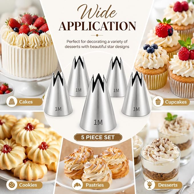 5 Pcs 1M Piping Tip Set For Icing Cupcake Cake Decorating | Stainless Steel, Reusable, Standard Size Fits Most Couplers
