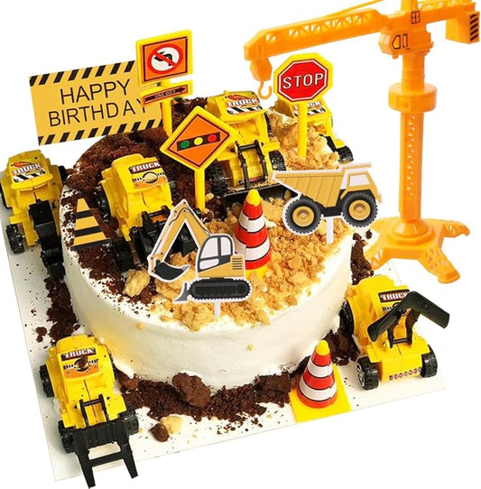 Construction Cake Topper, 18 PCS Construction Cake Decorations Set Excavator Tower Crane Cupcake Topper Traffic and Road Sign Decor Happy Birthday Party Supplies