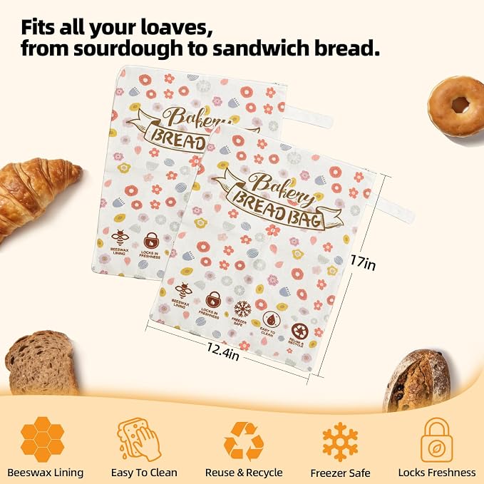 2 Pack Beeswax Bread Bags for Sourdough Homemade Bread, Organic Linen Reusable Natural Bread Storage Bag, Keep Fresh Moisture, Freezer-Friendly, Large Capacity Food Storage Cloth Bag