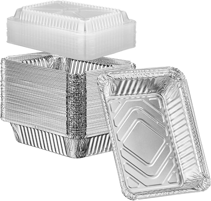 GUSTO 2 lb Disposable Aluminum Foil Takeout Pans with Clear Dome Lids, 8" x 5" – [50 Count], Ideal for Baking, Cooking, Food Storage & Freezing (Formerly Comfy Package)
