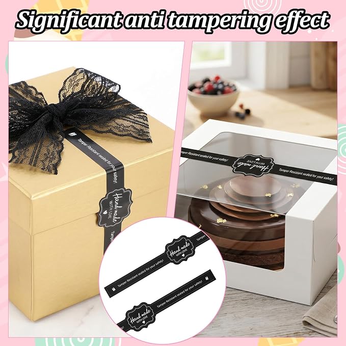 100PCS Black Food Retail Package Seal Labels Sticker, 9x1 Inch Tamper Proof Stickers, Tamper Evident Stickers Baking Gift Box Sticker for Handmade Baking Craft Arts, Freshness Labels