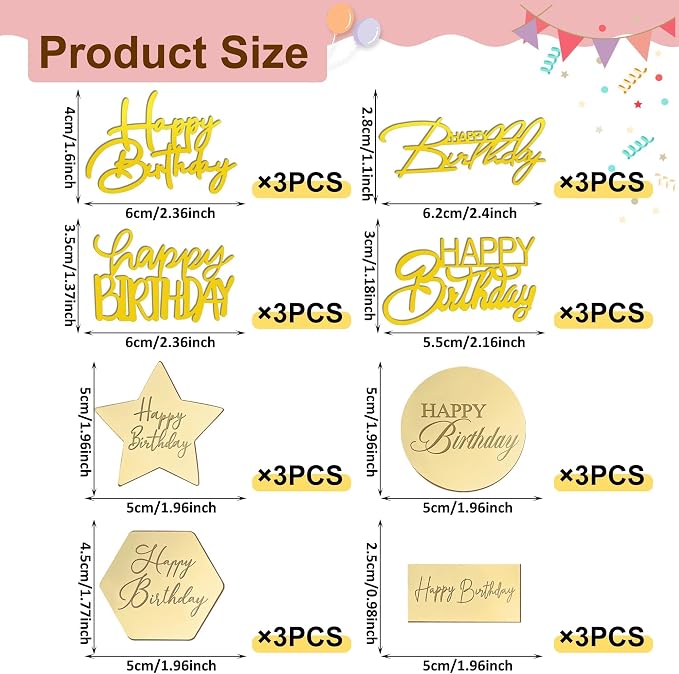 24 PCS Gold Acrylic Cupcake Toppers 8 Styles Happy Birthday Cake Topper Engraved Cake Picks for DIY Party Decoration