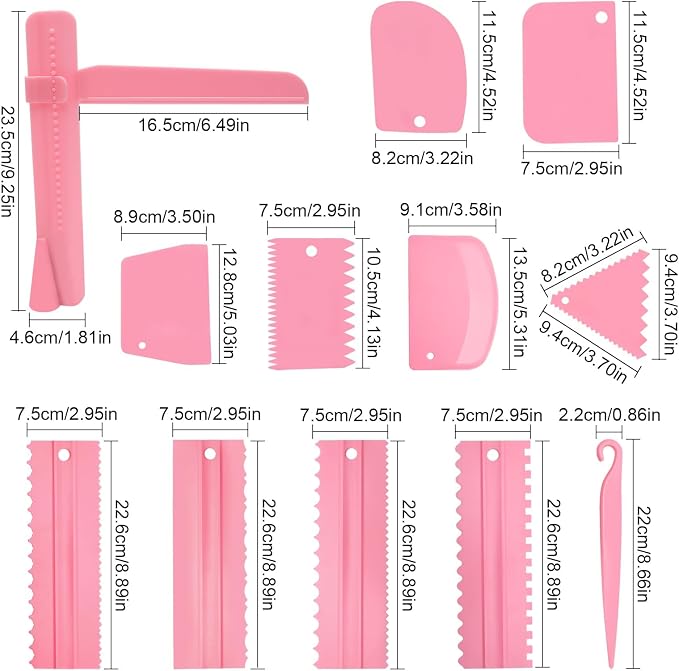 12 Pcs Adjustable Cake Smoother Set, Plastic Cake Decorating Tools Comb and Dough Scrapers for Baking Pastries (Pink)