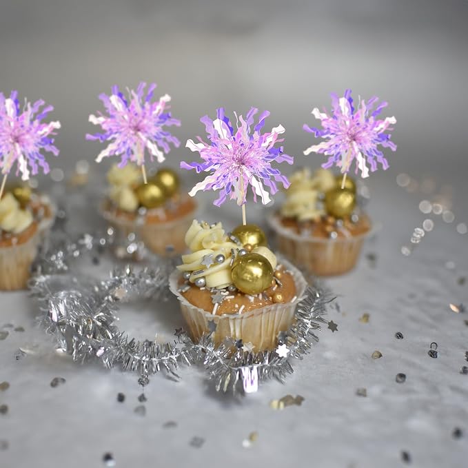 Gyufise 30Pcs Foil Firework Cupcake Toppers Happy Birthday Cake Toppers Tinsel Flower Drink Stirrers Cocktail Food Fruit Toothpicks for Valentine's Day Party Birthday Wedding Supplies Purple