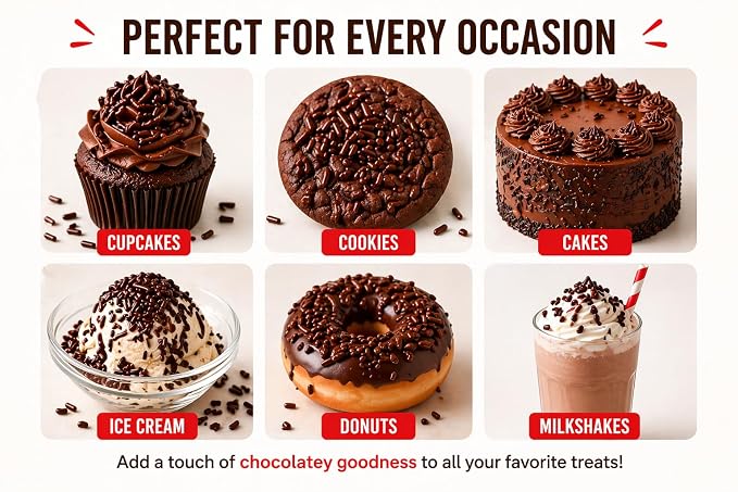 Bakerpan Chocolate Sprinkles for Ice Cream - 8.6 oz Chocolate Jimmies Sprinkles for Cake Decorating, Donuts, Cupcakes & Brownies | Kosher, Gluten-Free, Made in USA