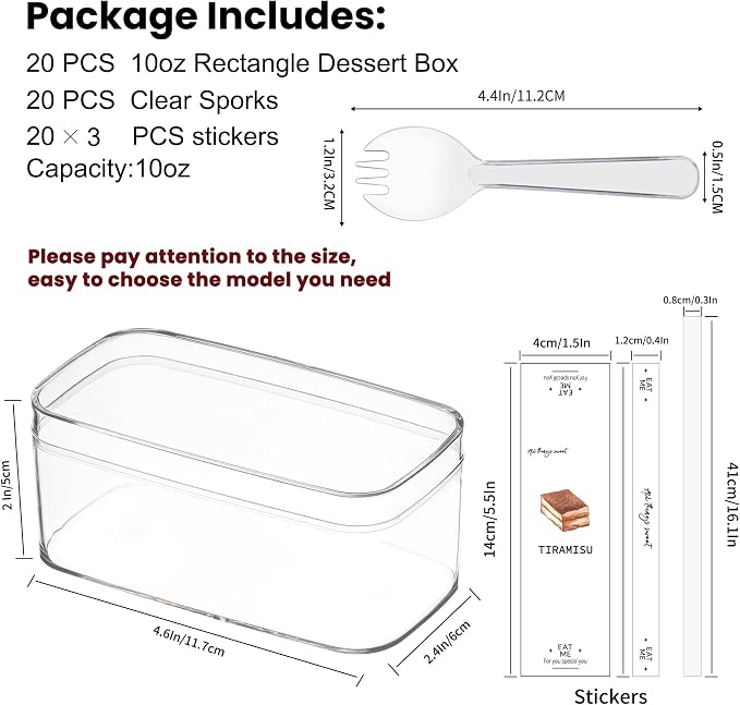 20 Pack 10OZ Rectangle Clear Plastic Dessert Cups with Lids and Sporks&Stickers Disposable Fruit Cups for Dessert,Tiramisu container with lid,Cupcake,Parfait,Pudding,Iced Cold Drinks,Fruits