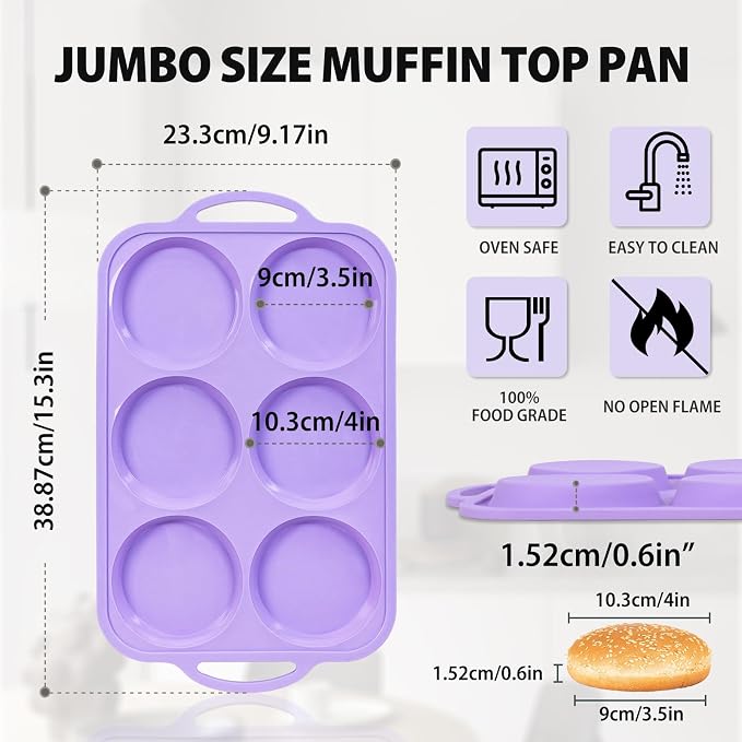 4 Inch Jumbo Silicone Muffin Top Pan with Metal Frame, Non Stick Silicone Egg Mold for Oven, Large Whoopie Pie Baking Pan with Handle for English Breakfast Sandwich, Egg Bite, Bun Tart, Purple