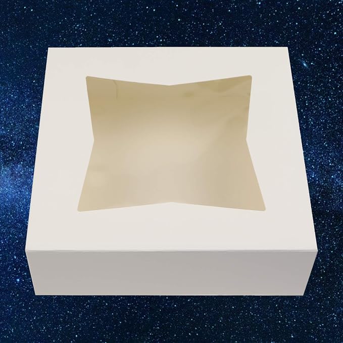O’Creme White Bakery Boxes with Window 10x10x2.5 in, 25 Pack, Display Pies, Pastries, Cupcakes and Cookies | Paperboard White Kraft Auto-Popup Window Cake Boxes, Pie Pastry Container Carrier