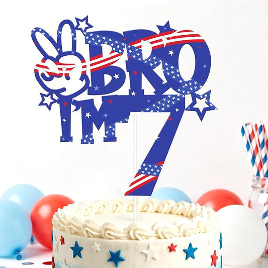 Bro I'm 7 Birthday Cake Toppers, Patriotic Cake Decorations for Boys Birthday Anniversary Party Decor Supplies