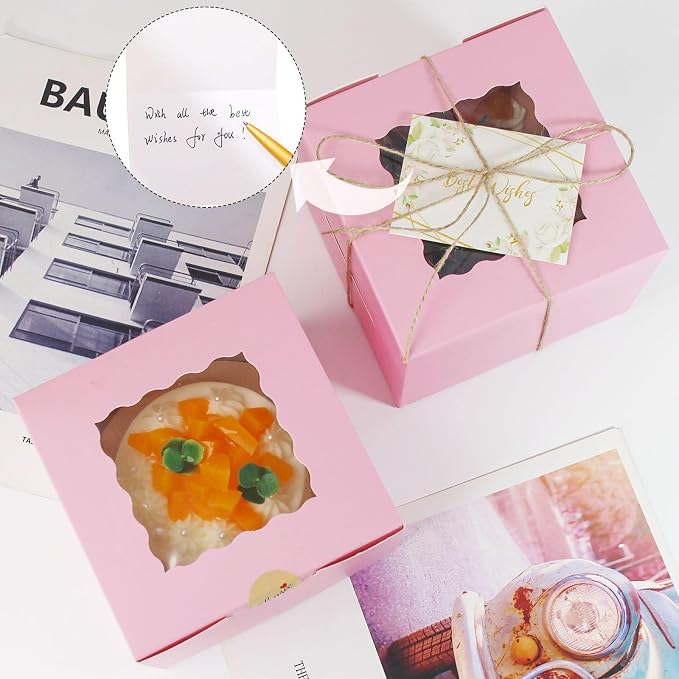 12 Pack 6x6x5 Inch Cake Boxes with Window, Pink Bakery Carriers for Bento Cake, Cupcakes, Cookies, Dessert Treats – Perfect for Valentine's Day, Mother's Day Gifting
