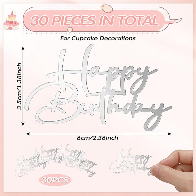 Weysat 30 Pcs Silver Mirror Acrylic Cupcake Toppers Happy Birthday Cake Decorations for Birthday Party Cupcake Toppers
