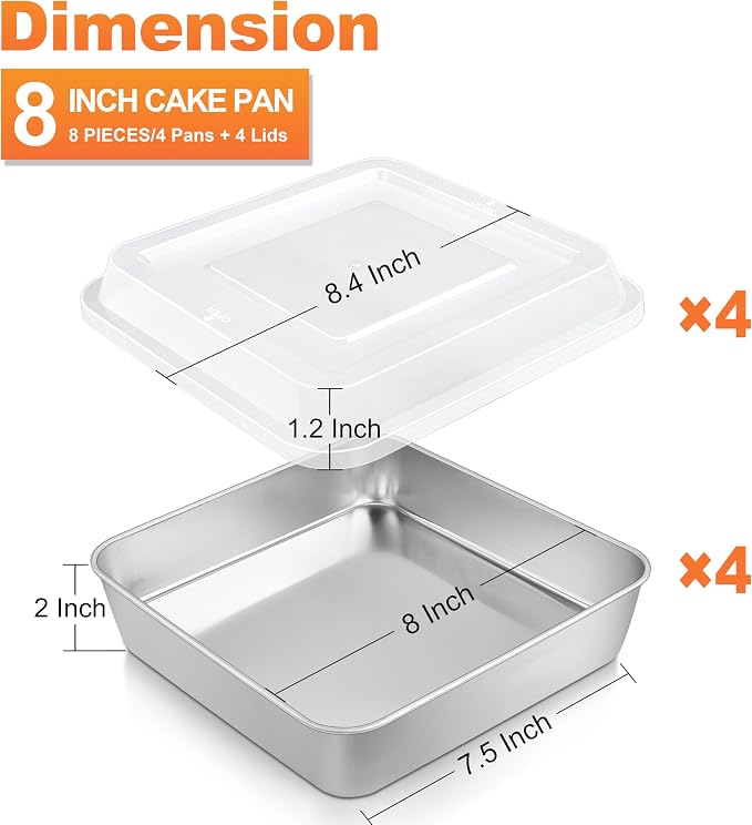 Herogo 8''x 8'' Stainless Steel Square Baking Pan with Lid(4 Pans + 4 Lids), Rectangle Cakes Brownie Lasagna Bakeware Set of 4, Healthy & Dishwasher Safe